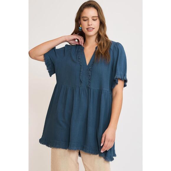 Umgee Raw Hem Detail Notch Neck Relaxed Fit Babydoll Linen Blouse | French Blue - Picture 3 of 6